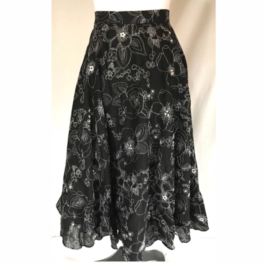 Anne Klein Black Floral Sequin Full Midi Skirt